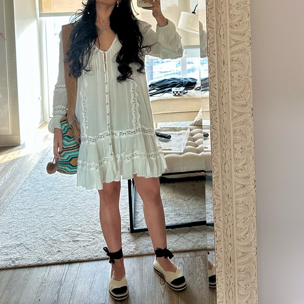 Free People Elegant White Lace Trim Dress